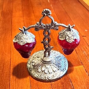 Vintage Glass Strawberry Salt and Pepper Shaker Set with Metal Stand